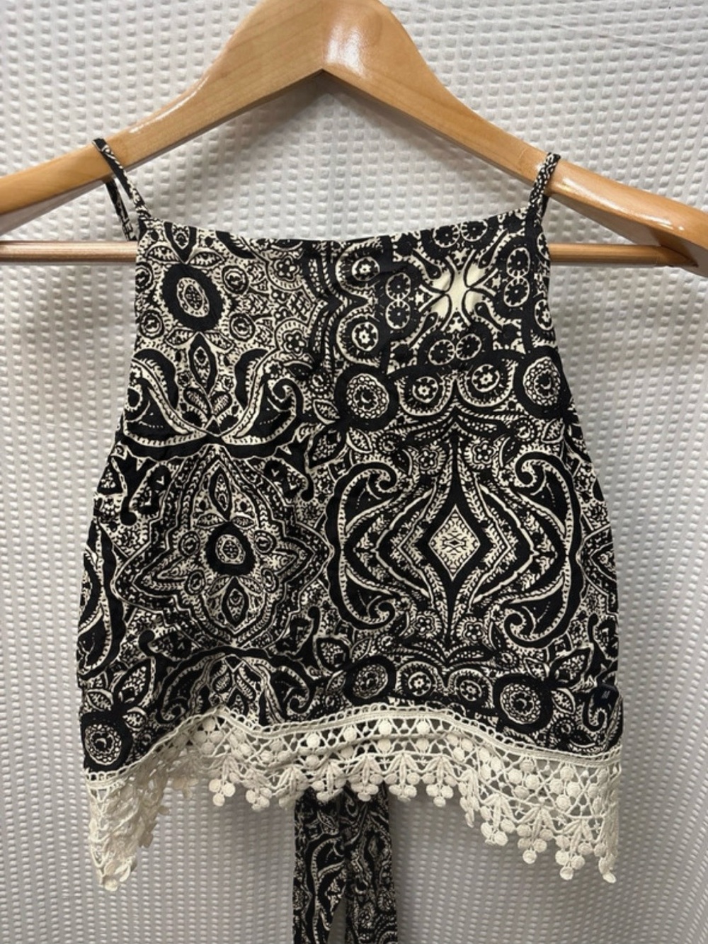 Abercrombie & Fitch Black and White Paisley Halter Camisole with Crochet Hem